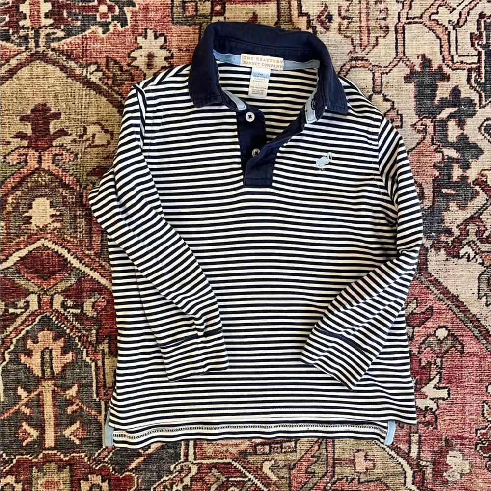 TBBC Navy & White Striped Long-Sleeve Polo